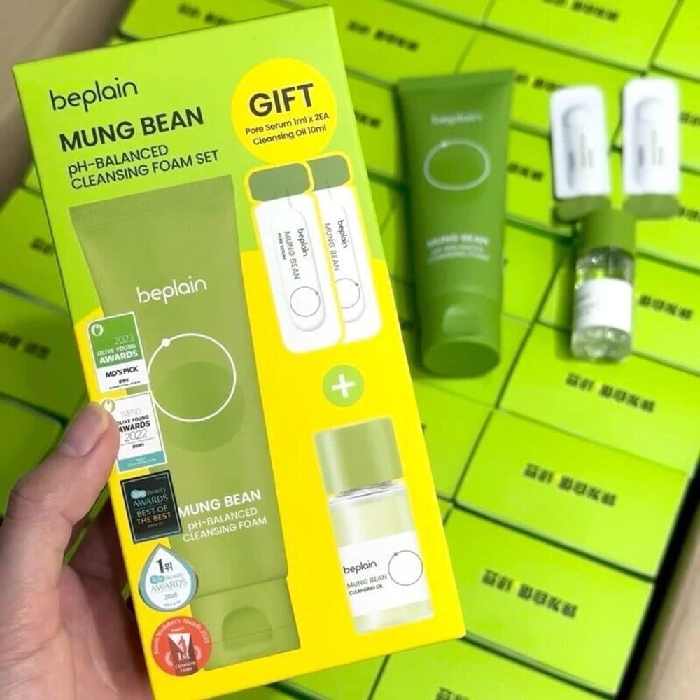 beplain Mung Bean PH-Balanced Cleansing Foam set packaging with green and yellow design.