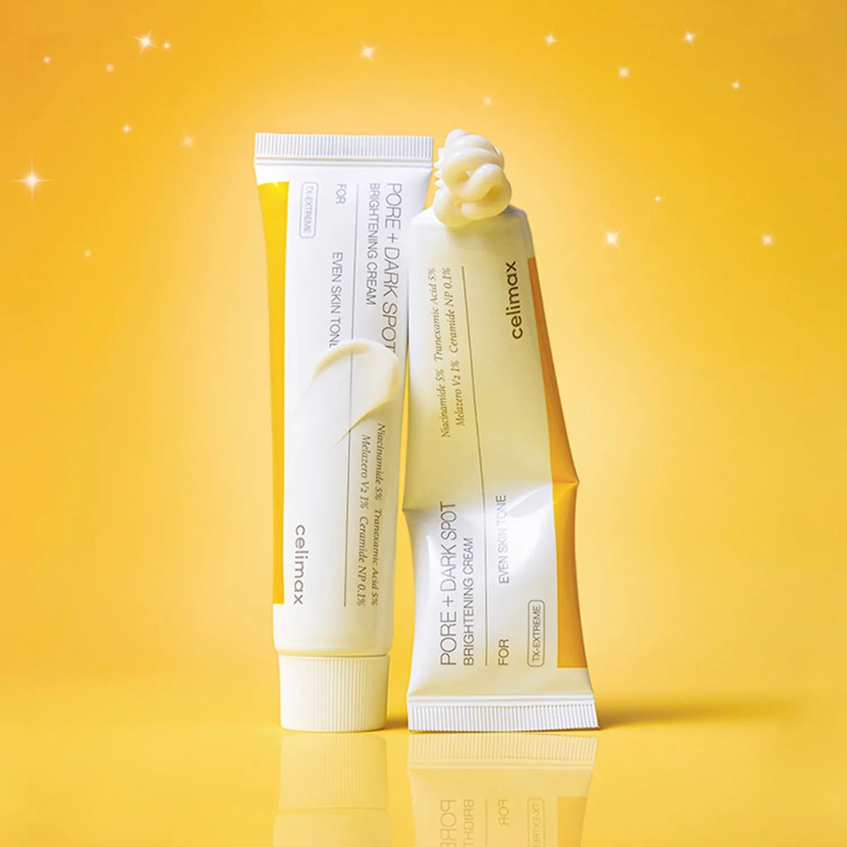tubes of Cellimax Pore + Dark Spot cream on a yellow background