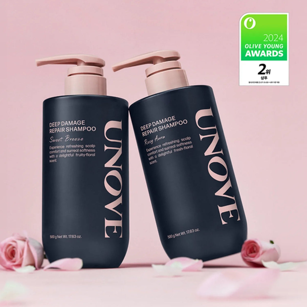 Two UNOVE deep damage repair shampoo bottles on a pink background with an olive young awards badge.