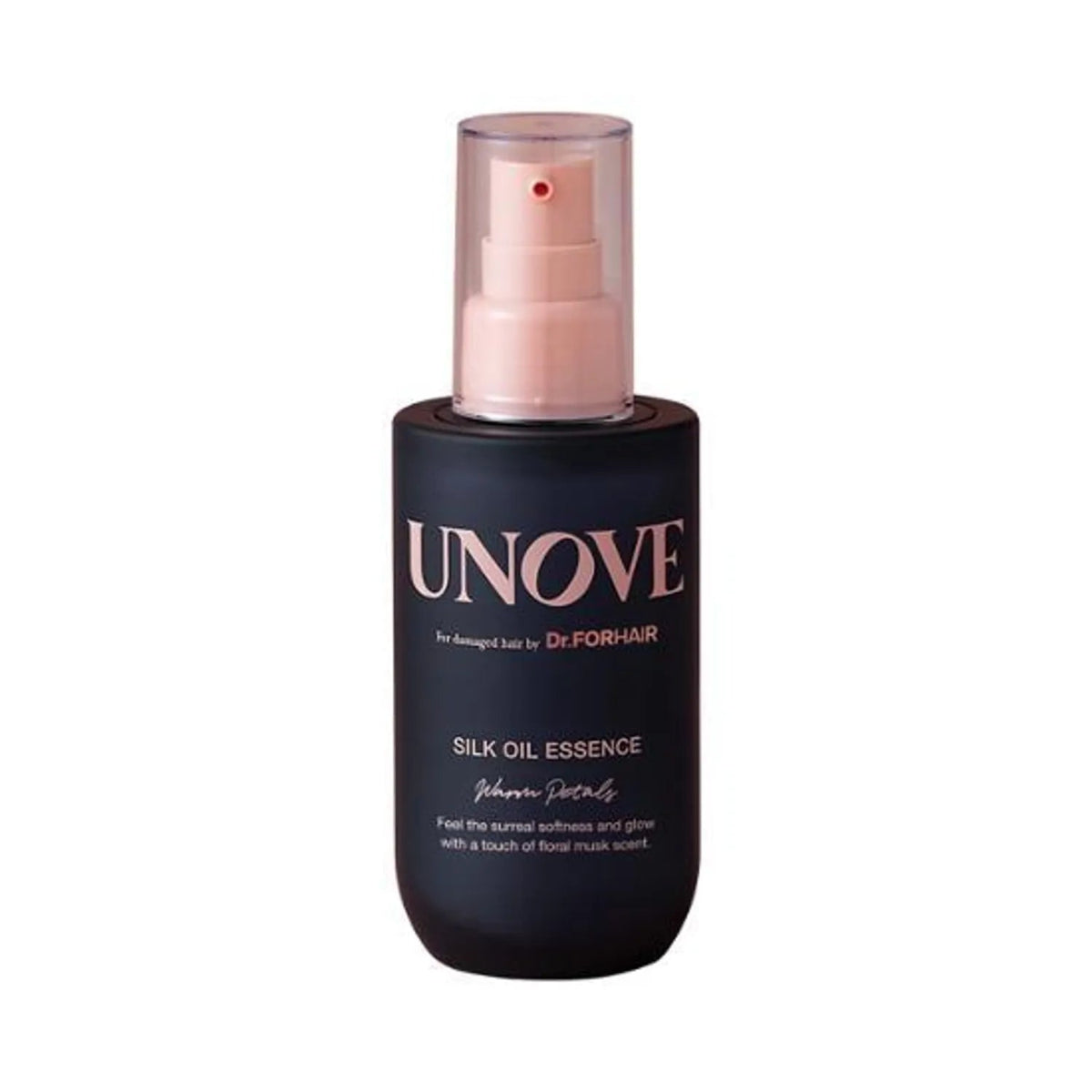 Black bottle of UNOVE Silk Oil Essence with pink pump on a white background