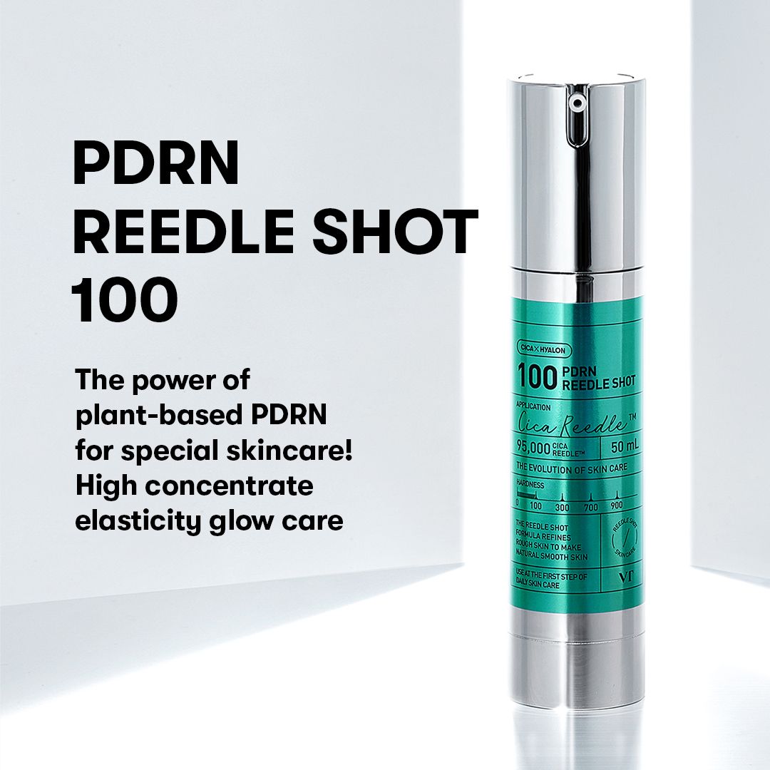 Skincare serum bottle labeled 'PDRN REEDLE SHOT 100' with text about plant-based PDRN on a white background.