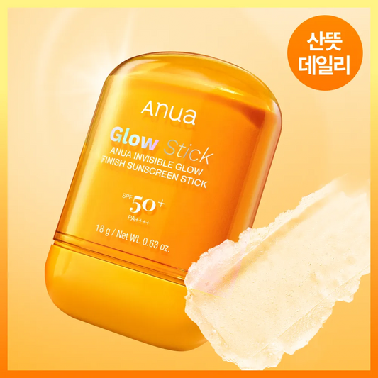 Anua Glow Stick sunscreen stick with a yellow background