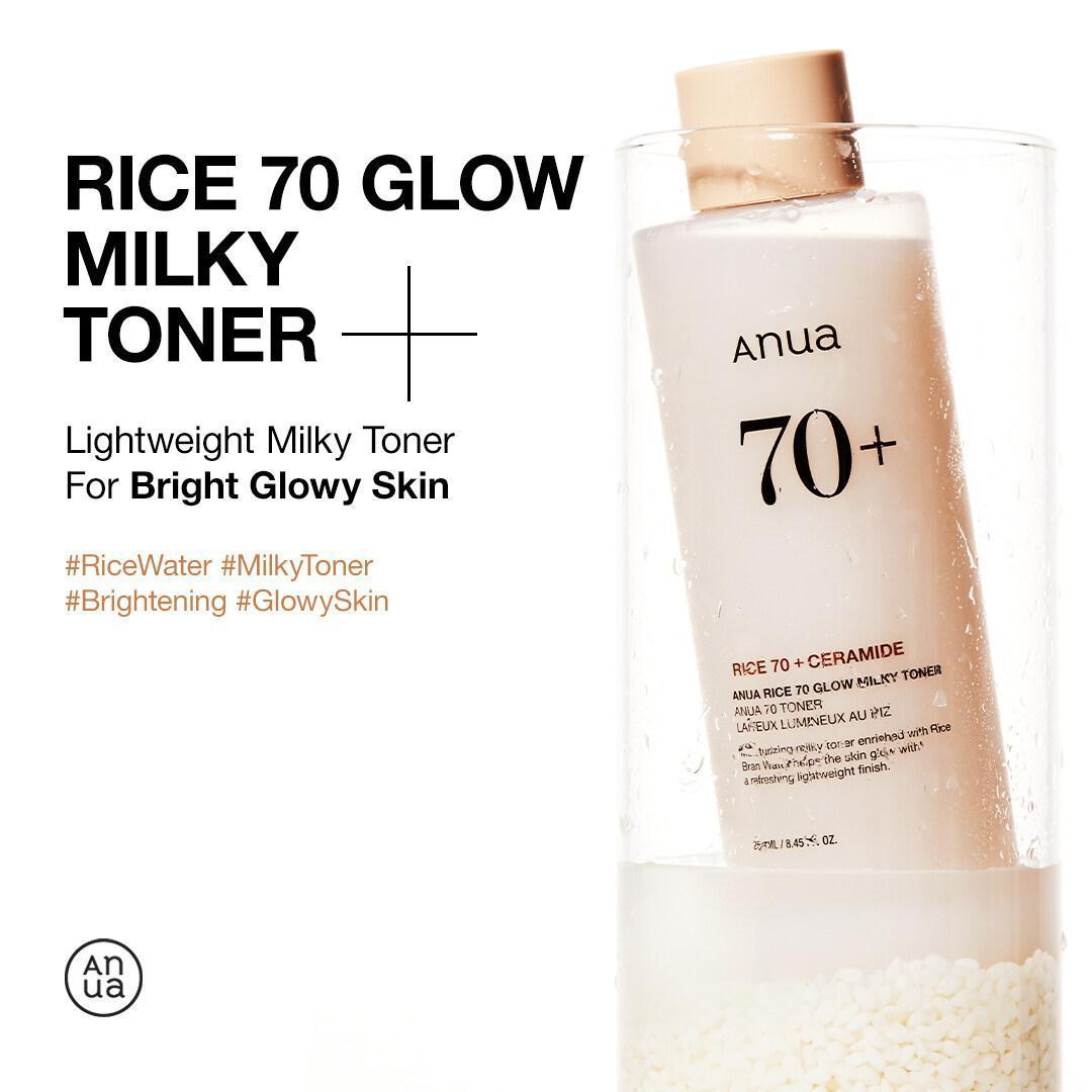 Anua Rice 70 Glow Milky Toner bottle with product details on a white background