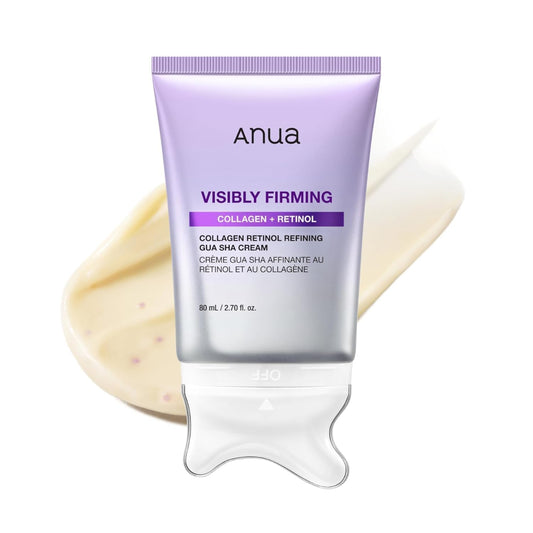 Anua visibly firming cream tube with a swatch of cream on a white background
