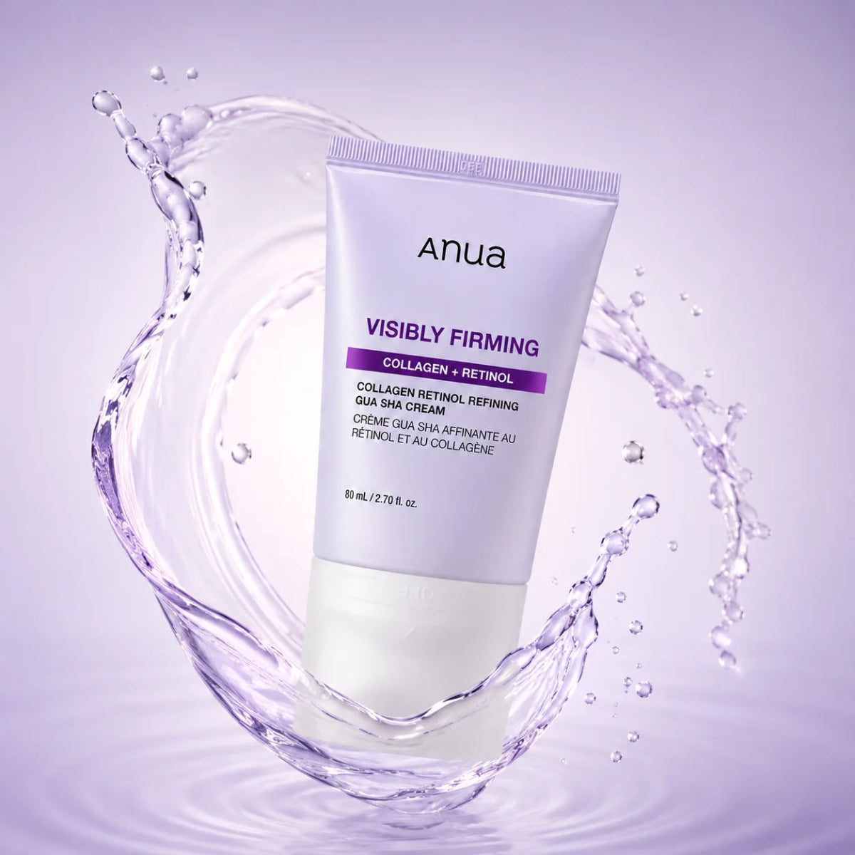 Anua Visibly Firming Collagen Retinol Gua Sha Cream in a white squeeze tube, presented with a dynamic water splash on a light purple background.