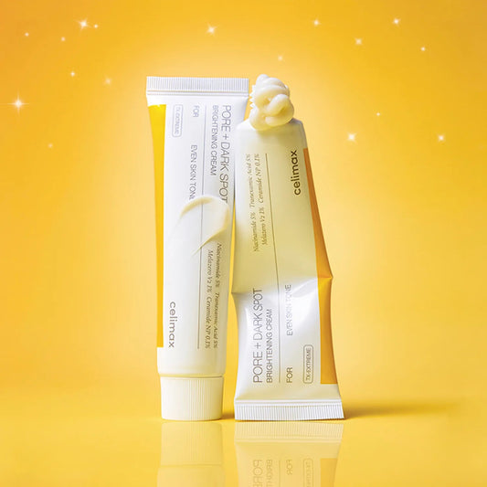 tubes of Cellimax Pore + Dark Spot cream on a yellow background