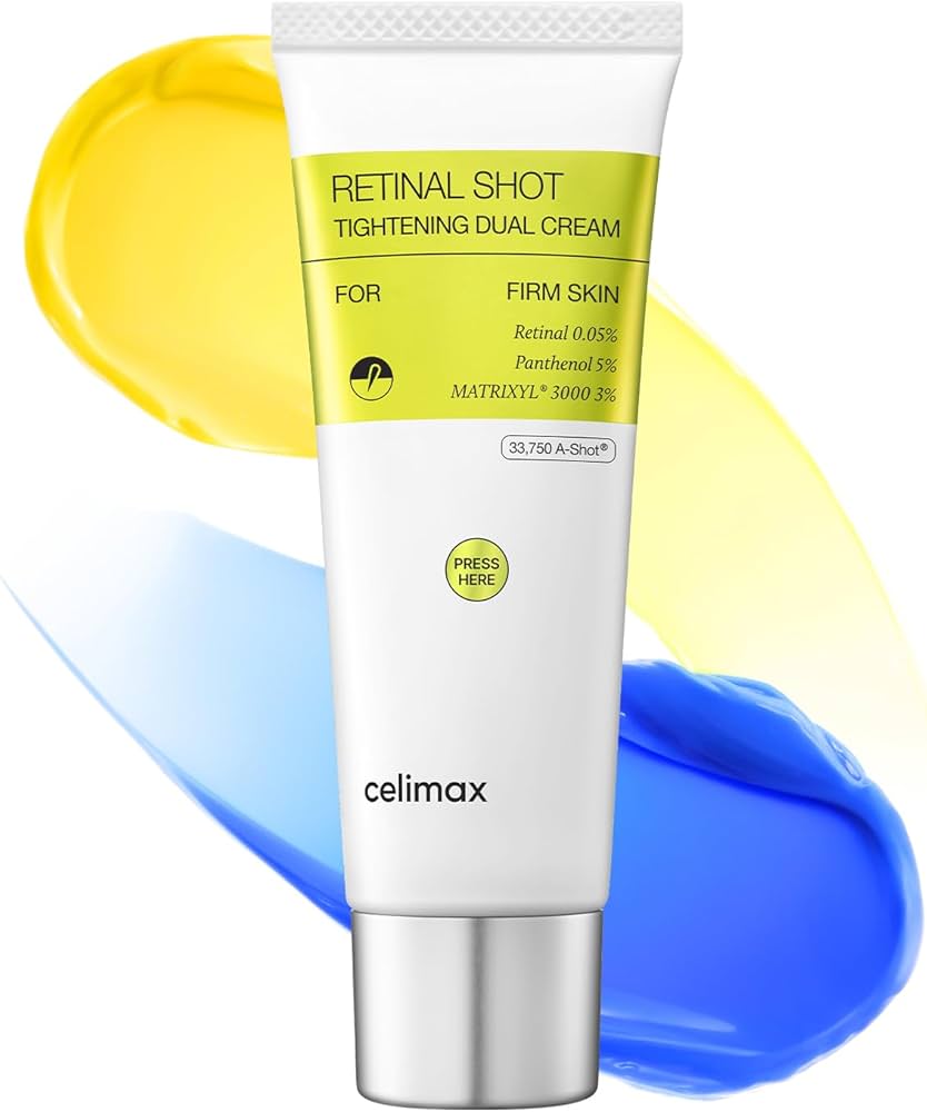 A tube of Celimax Retinal Shot Tightening Dual Cream, featuring a white and lime green label with a silver cap, set against a white background with abstract yellow and blue cream swatches.