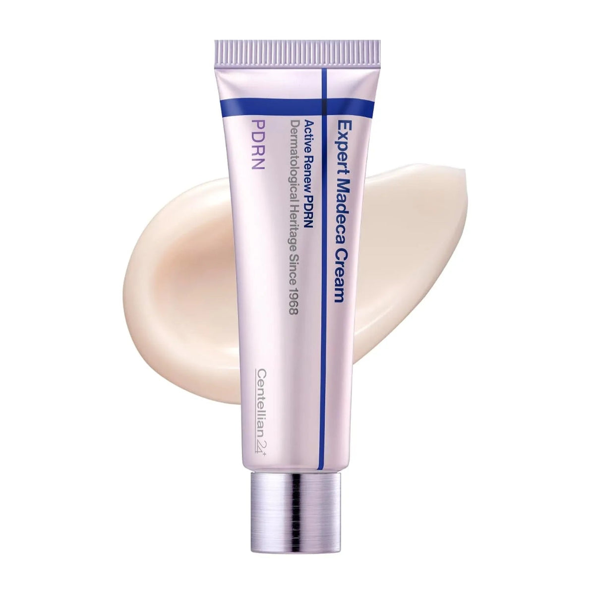 Tube of PDRN Expert Madeca Cream with a swatch on a white background