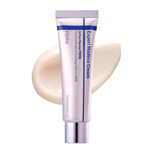 Tube of PDRN Expert Madeca Cream with a swatch on a white background