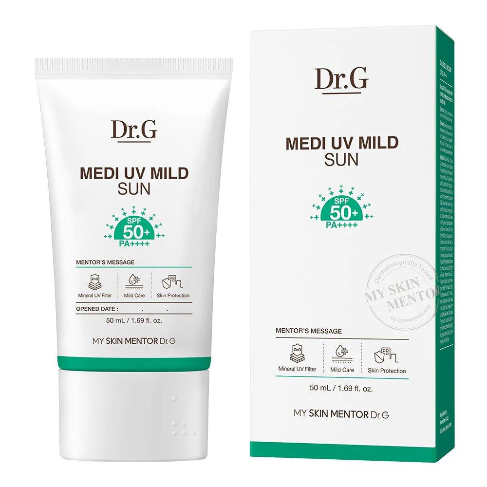 Dr.G Medi UV Mild Sun cream packaging with SPF 50+ on a white background
