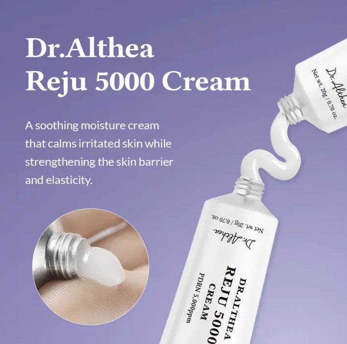 Dr. Althea Reju 5000 Cream packaging with text on a purple background