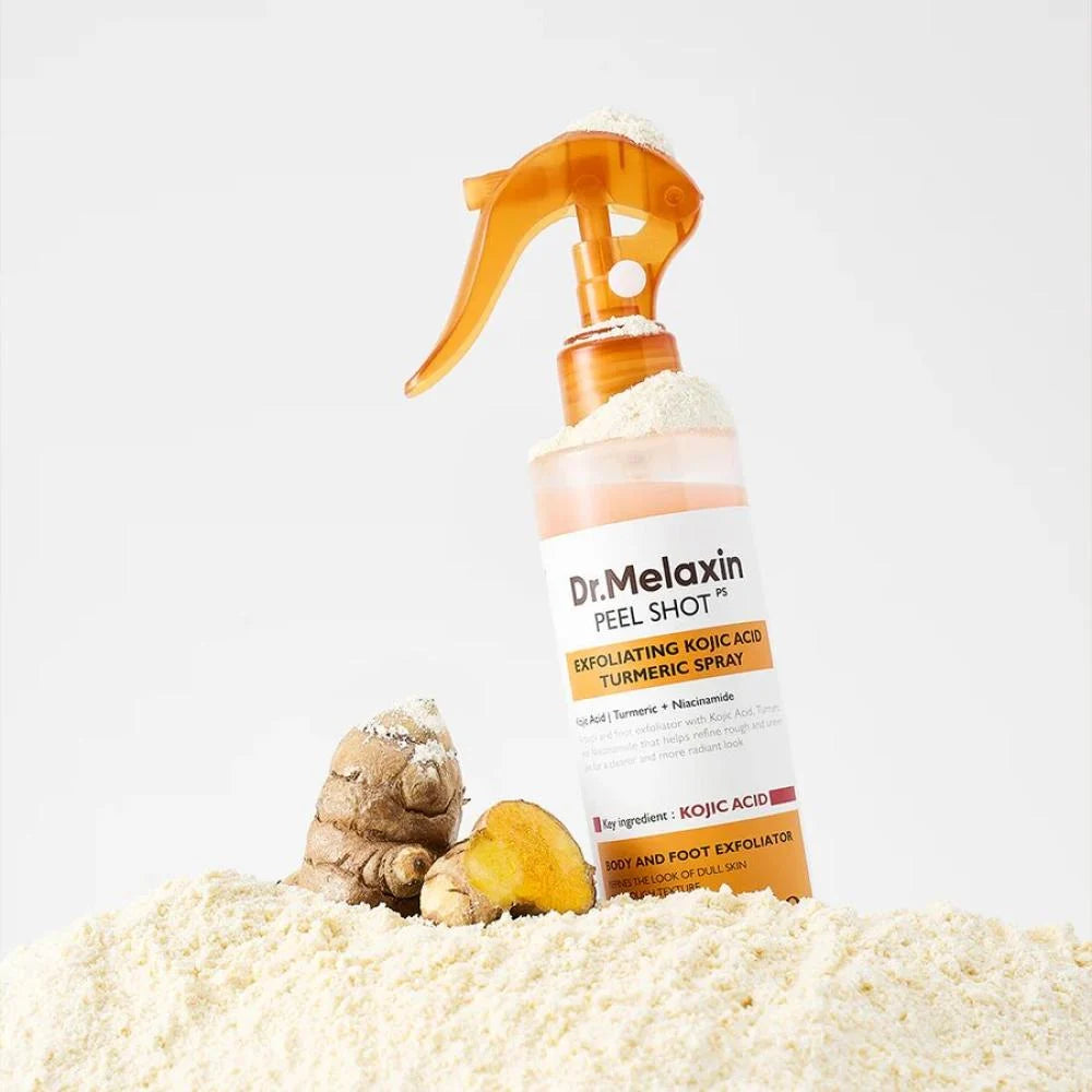 Dr. Melaxin peel shot spray bottle with turmeric and ginger on a white background