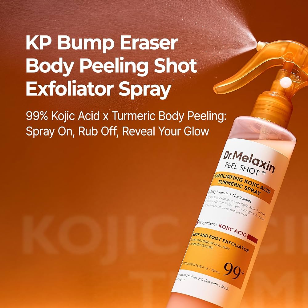 Dr. Melaxin KP Bump Eraser Body Peeling Shot Exfoliator Spray on an orange background