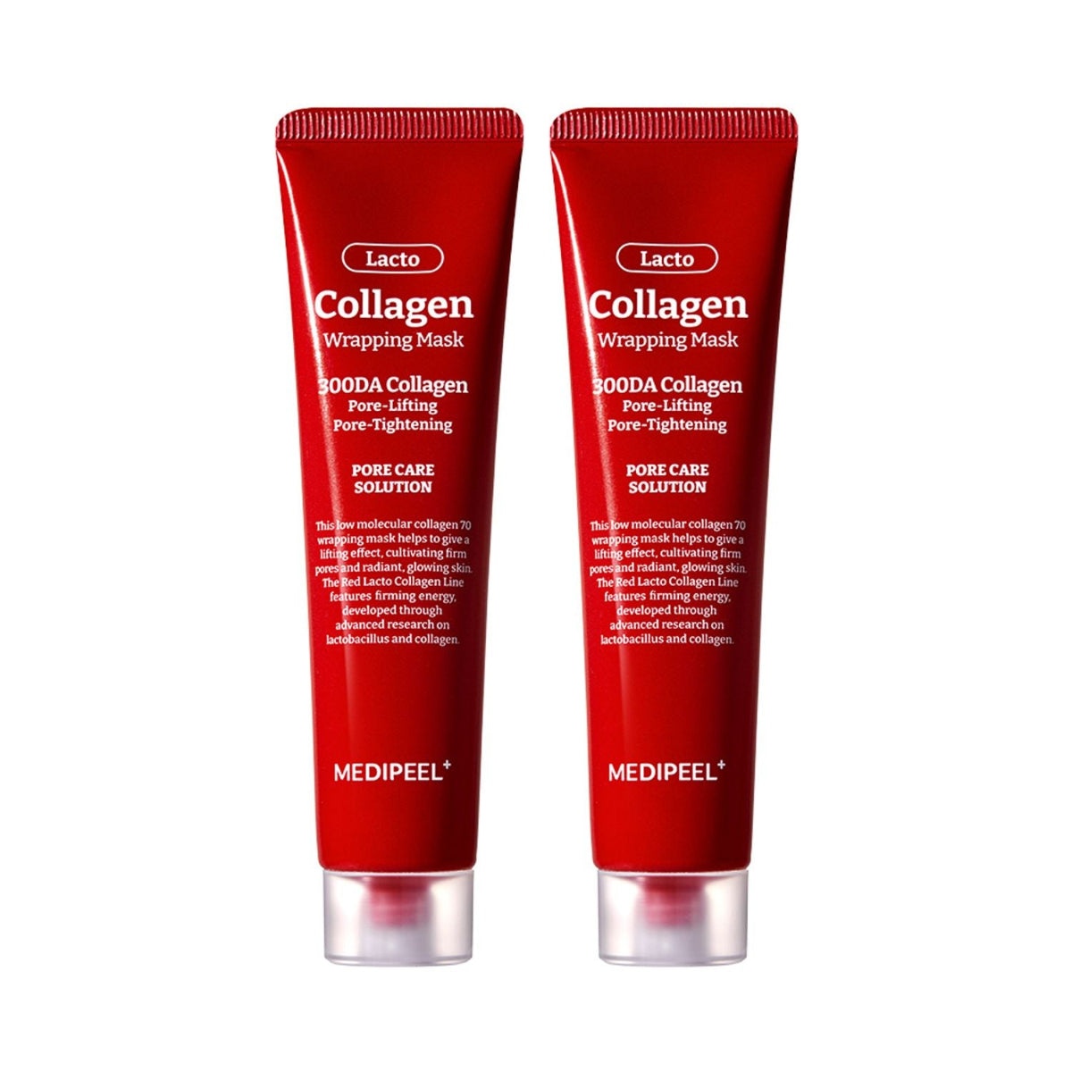red tubes of Lacto Collagen Wrapping Mask by Medipeel on a white background