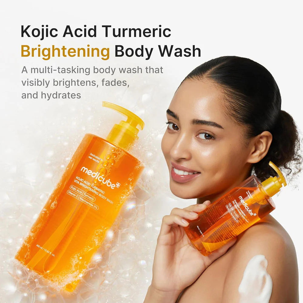 Medicube Kojic Acid Turmeric Vita Brightening Body Wash 400ml is now available in Pakistan, a brightening Korean body cleanser formulated with Kojic Acid, Turmeric, Vitamin C, and 2% Niacinamide to help reduce dullness, uneven skin tone, and post-acne marks on the body. Its gentle cleansing formula effectively removes impurities while nourishing the skin, leaving it soft, smooth, hydrated, and visibly more radiant with regular