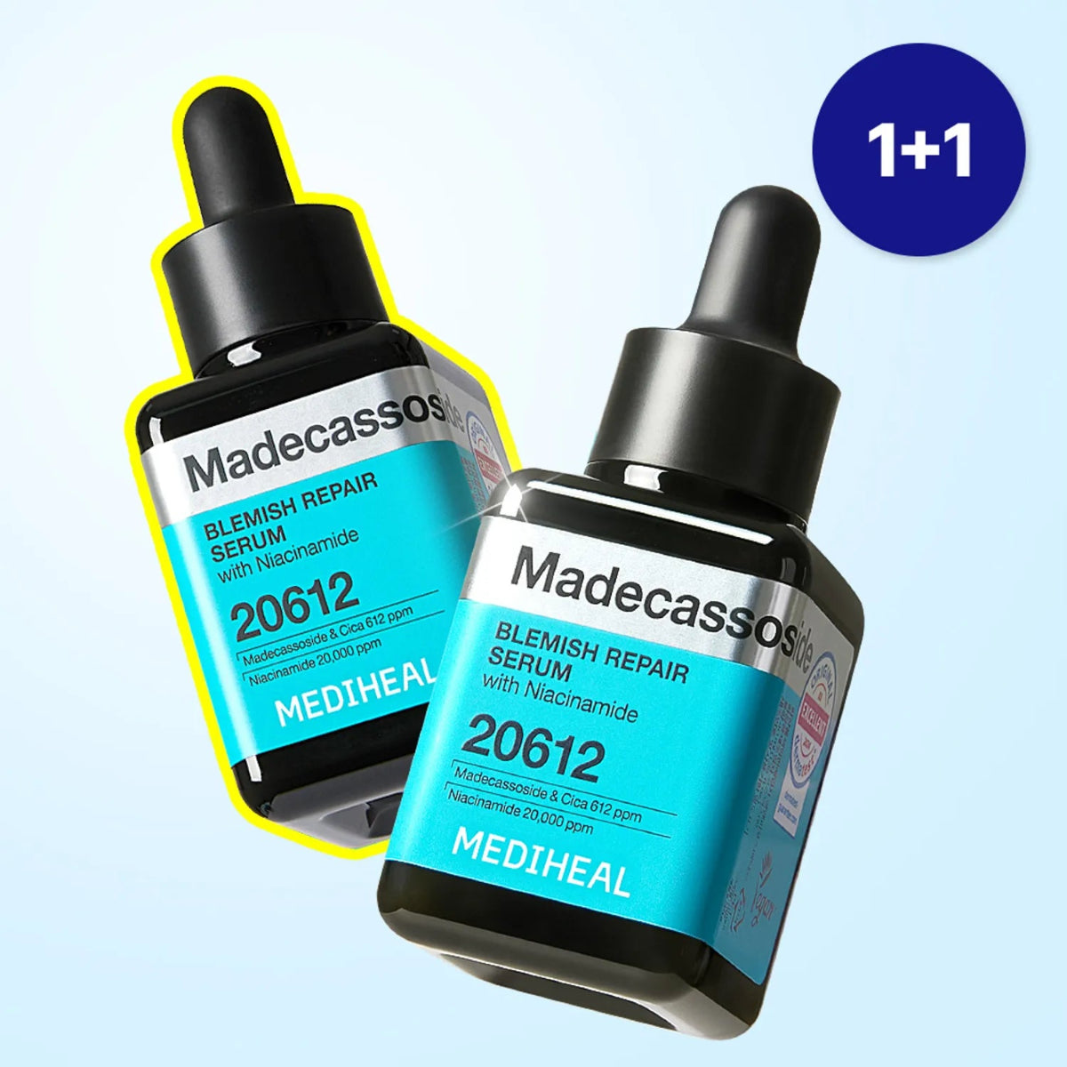 Two Madecassos blemish repair serum bottles on a light blue background with a '1+1' offer.