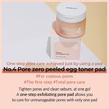 NUMBUZIN No.4 Pore Zero Peeled Egg Toner Pads 190ml, exfoliating and hydrating toner pads with Niacinamide and Evening Primrose Extract for pore control and smooth skin, available in Pakistan.