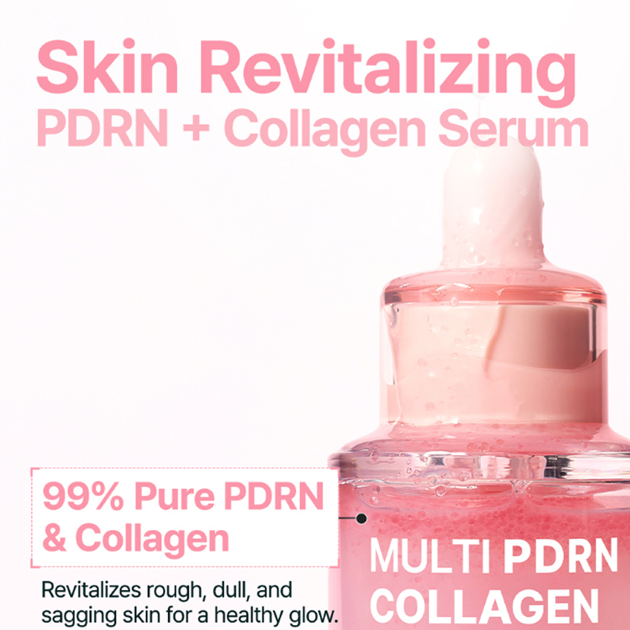 Pink serum bottle with dropper on a white background, with promotional text reading 'Skin Revitalizing PDRN + Collagen Serum' and '99% Pure PDRN & Collagen'.