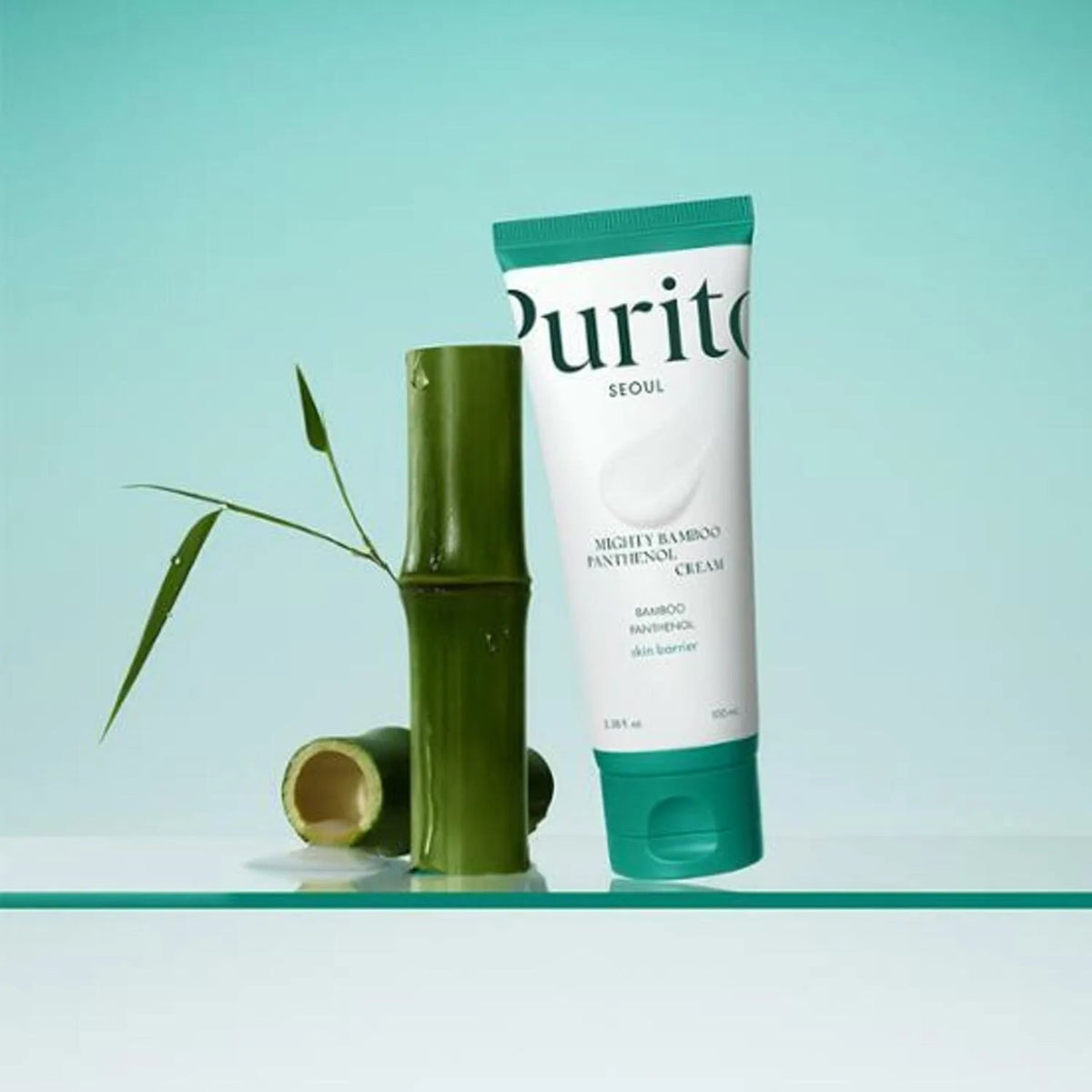 Purito skincare product with bamboo elements on a light blue background