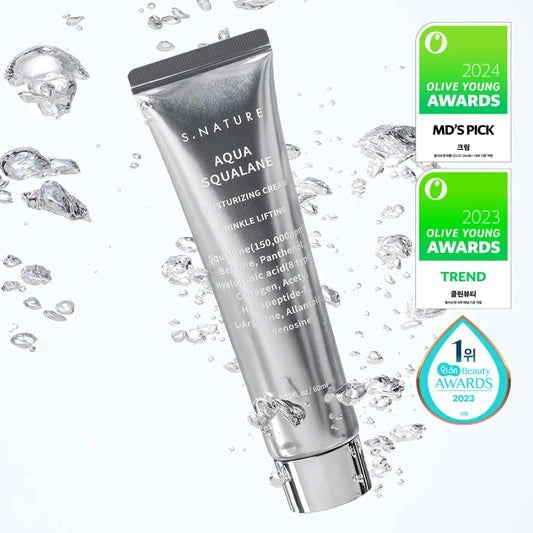 Tube of S.Nature Aqua Squalane cream with awards on a white background