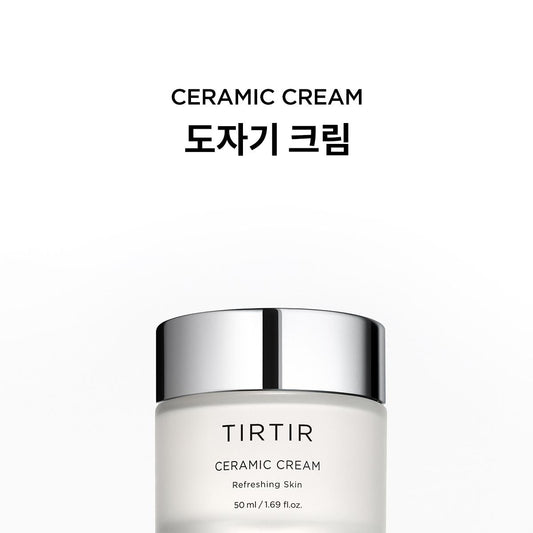 TIRTIR Ceramic Cream in a frosted white jar with a reflective silver cap, shown against a plain white background with black text above reading 'CERAMIC CREAM' and Korean text.