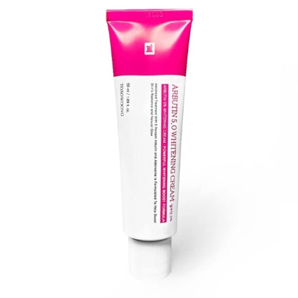 Tube of Arbutin 5% Brightening Cream with pink cap on a white background