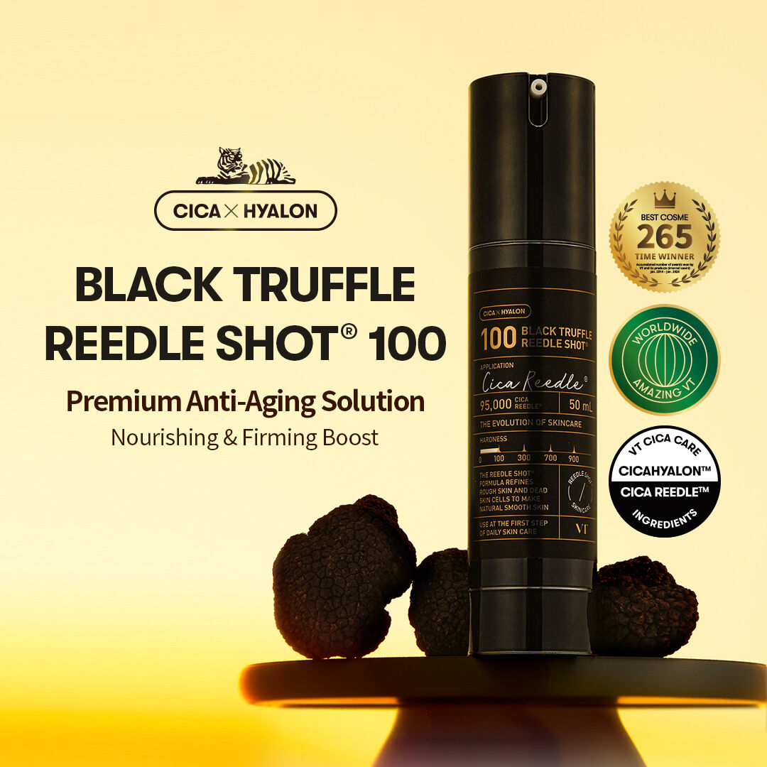 Black truffle reedle shot 100 premium anti-aging solution with Cica X Hyalon branding on a beige background.