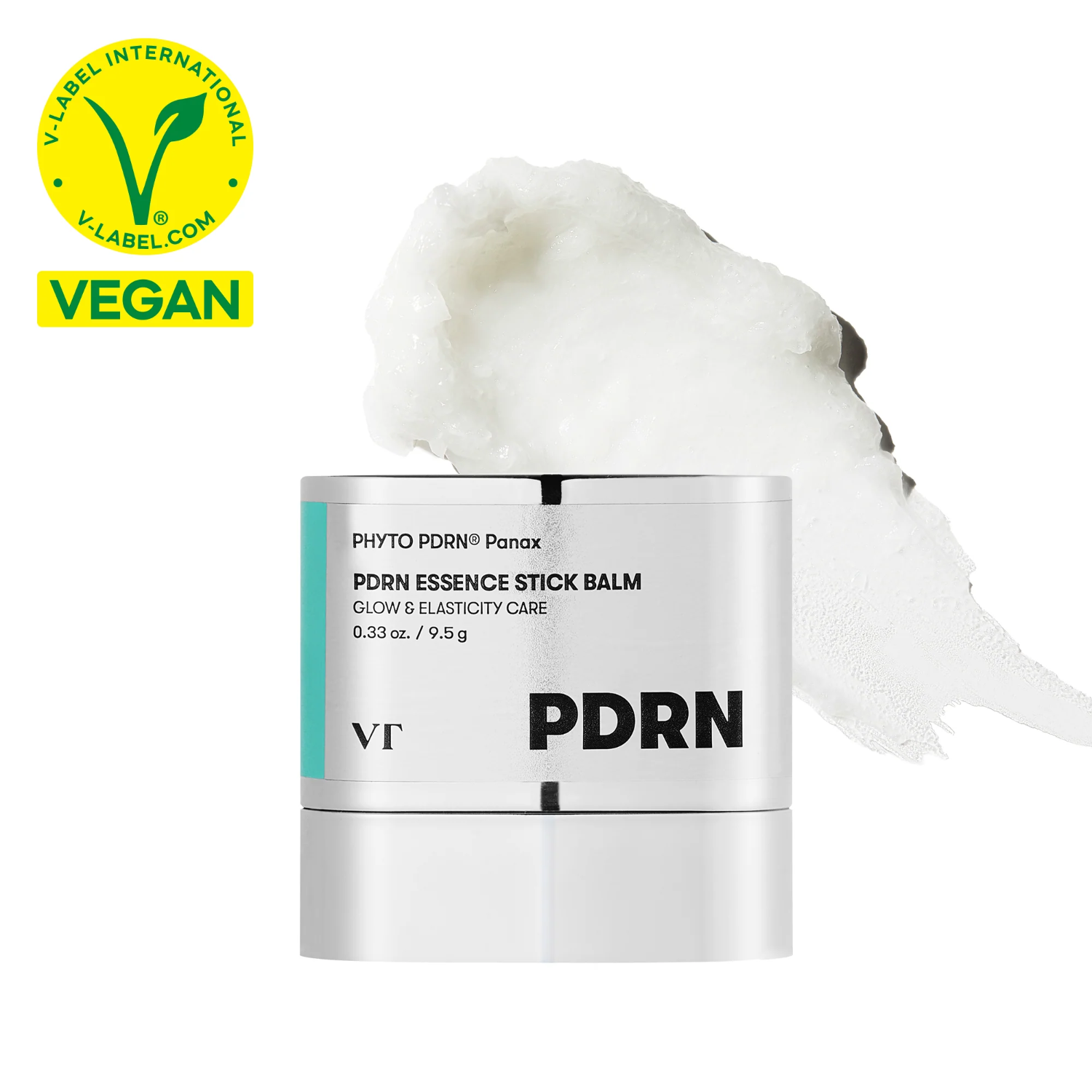PDRN Essence Stick Balm with V-Label Vegan certification on a white background