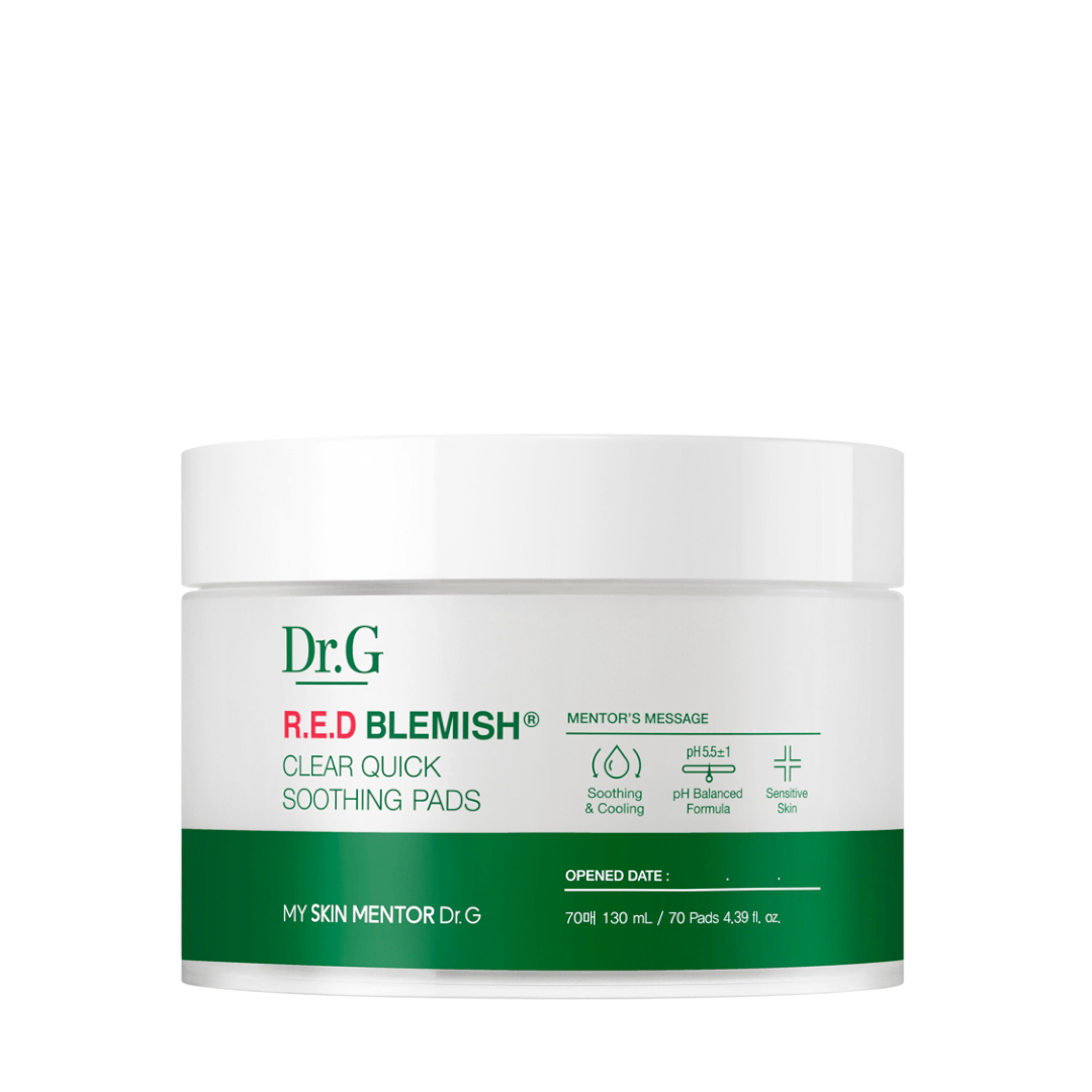 Dr.G Red Blemish Clear Quick Soothing Pads (70EA) with 89% Pennywort extract for deep hydration and instant cooling, Korean skincare for sensitive skin, available in Pakistan at Kocometic PK.