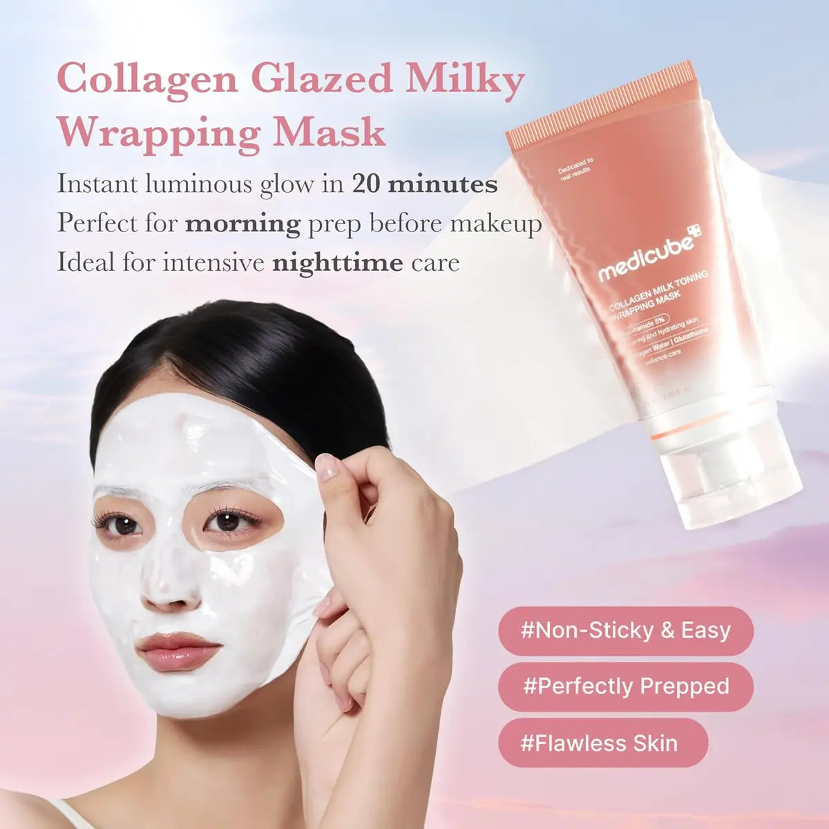 Medicube Collagen Milk Toning Wrapping Mask demonstration and product tube in Pakistan